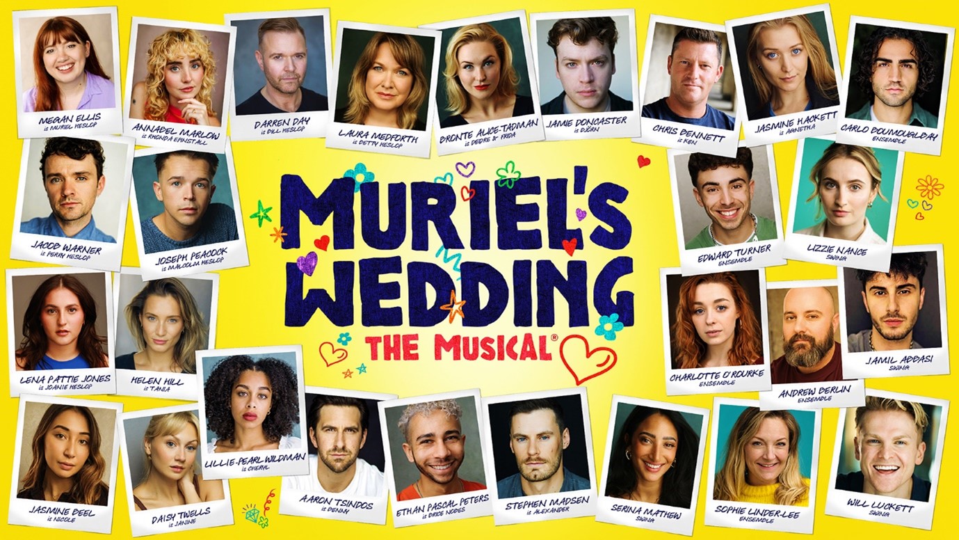 Muriel's Wedding cast on polaroids with yellow background and logo