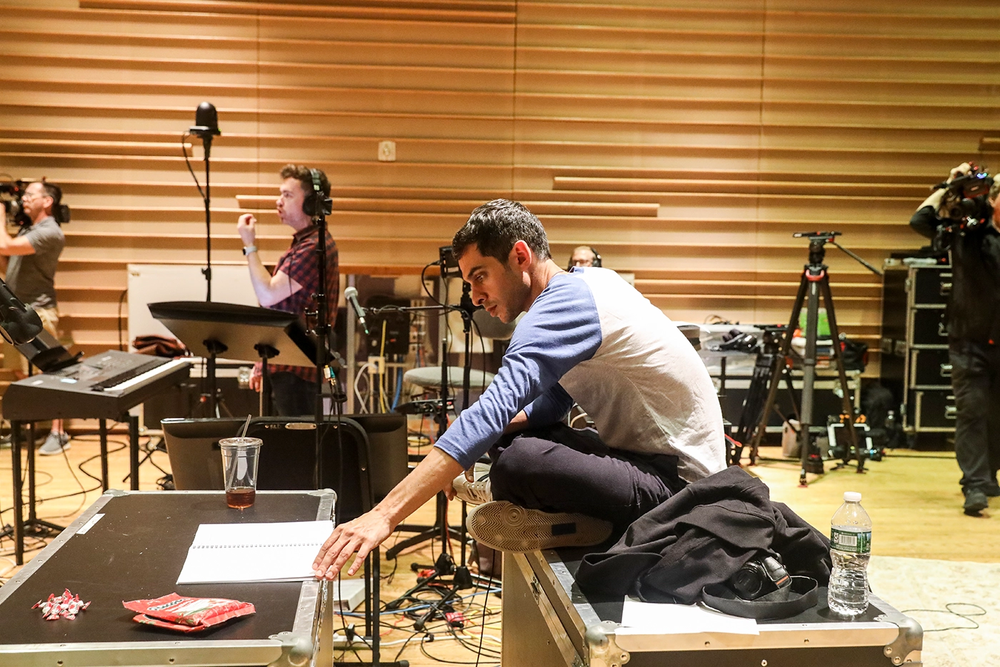 Justin Levine working behind the scenes during the cast album recording of Moulin Rouge! The Musical.