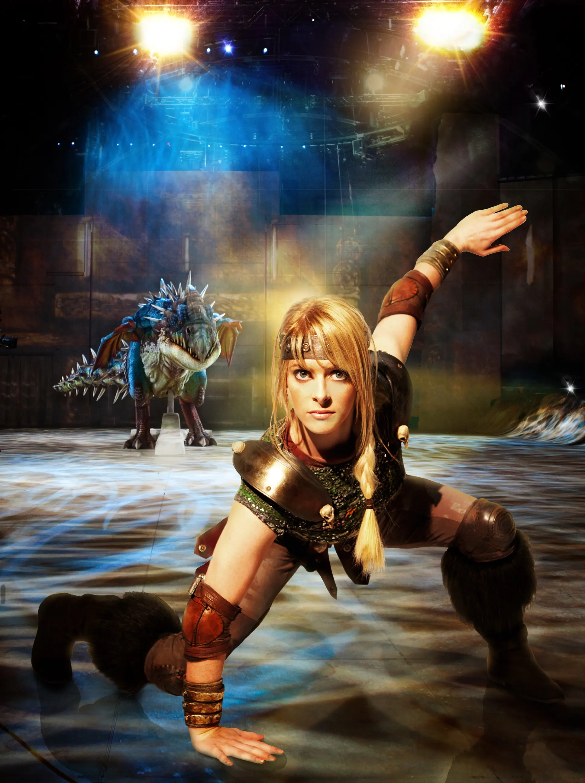 Astrid in a fighting pose with Nadder behind her
