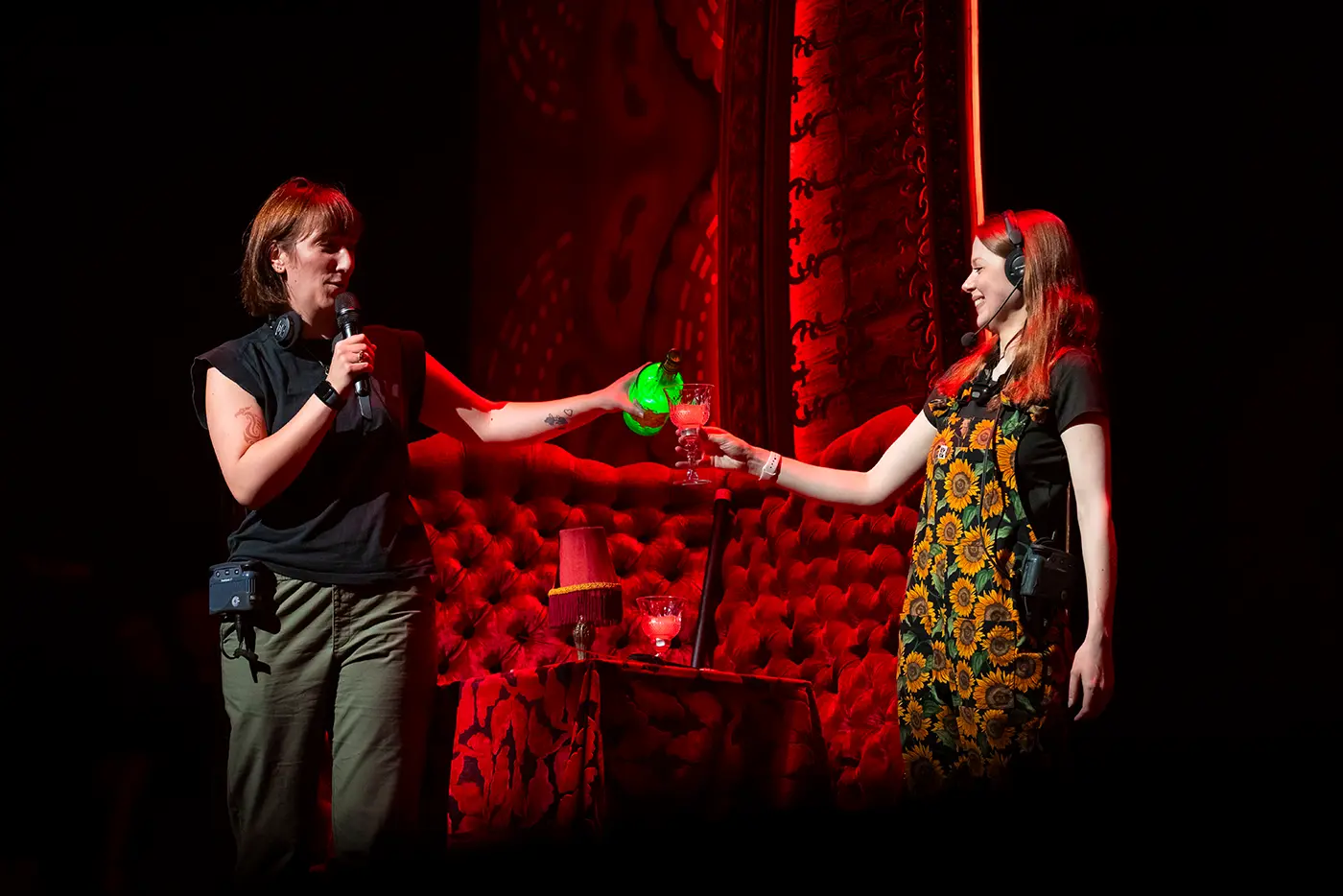 The prop department showing off some stage tricks on stage during 'Get Technical! Behind the Curtain of Moulin Rouge! The Musical' on the West End.