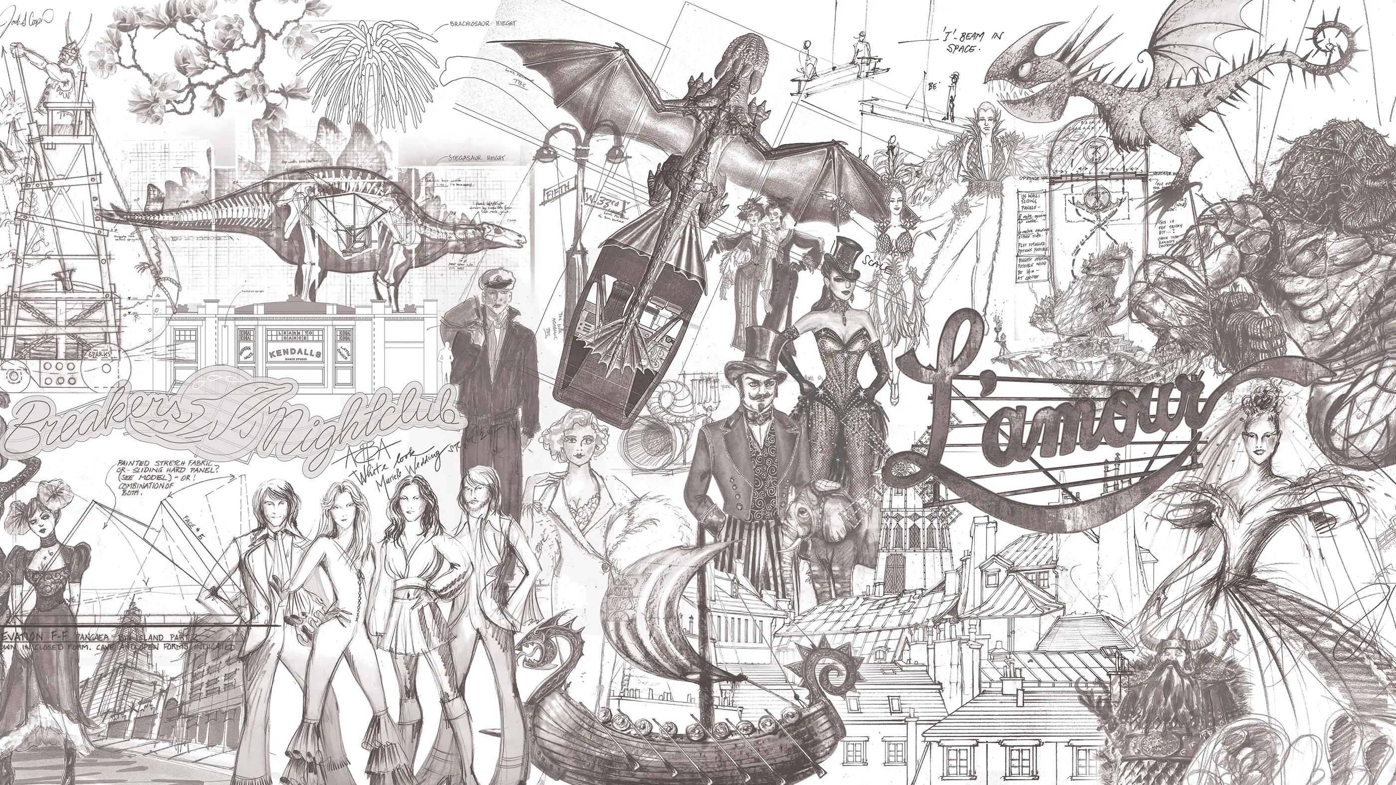 Illustrations of elements from the Global Creatures productions created for the interior design of the global creatures offices