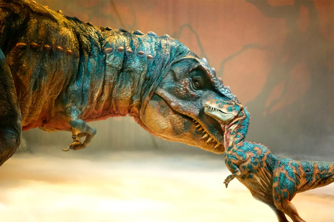 Mother and baby T-rex puppets in Walking with Dinosaurs live arena show