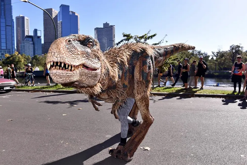 Dinosaur puppet from Walking with Dinosaurs - Arena Spectacular at a Run for the Kids charity event.
