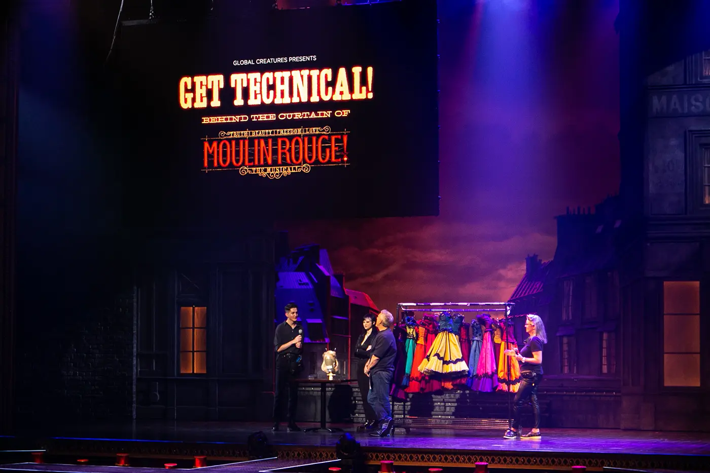 The costume department showing off some of the costumes of Moulin Rouge! The Musical on stage during 'Get Technical! Behind The Curtain of Moulin Rouge! The Musical'