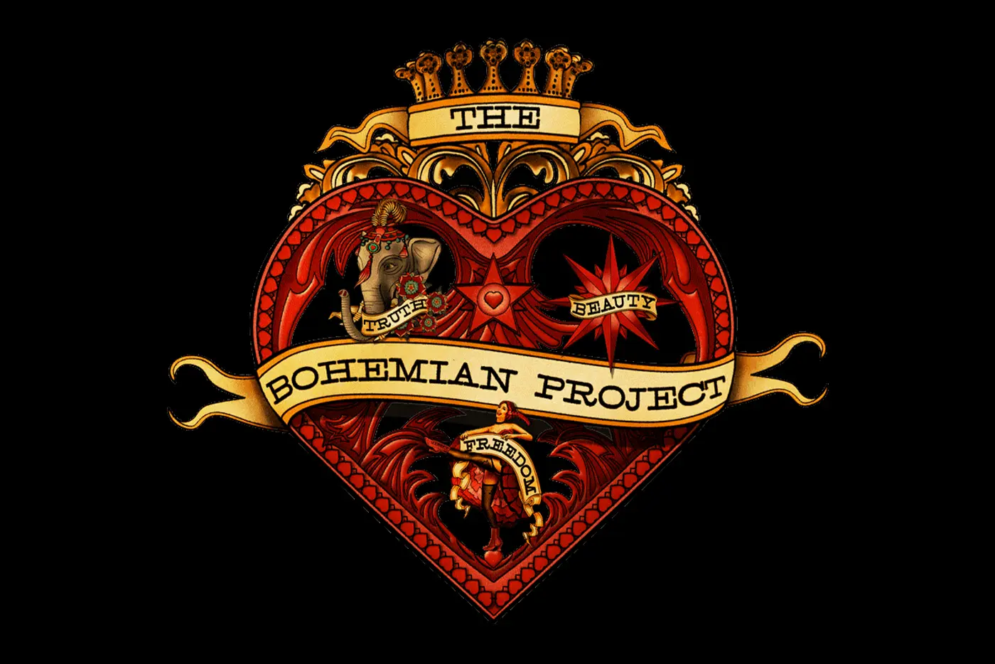 The Bohemian Project logo. A red heart with a crown ontop inside the heart are smaller designs including the values truth, beauty and freedom.